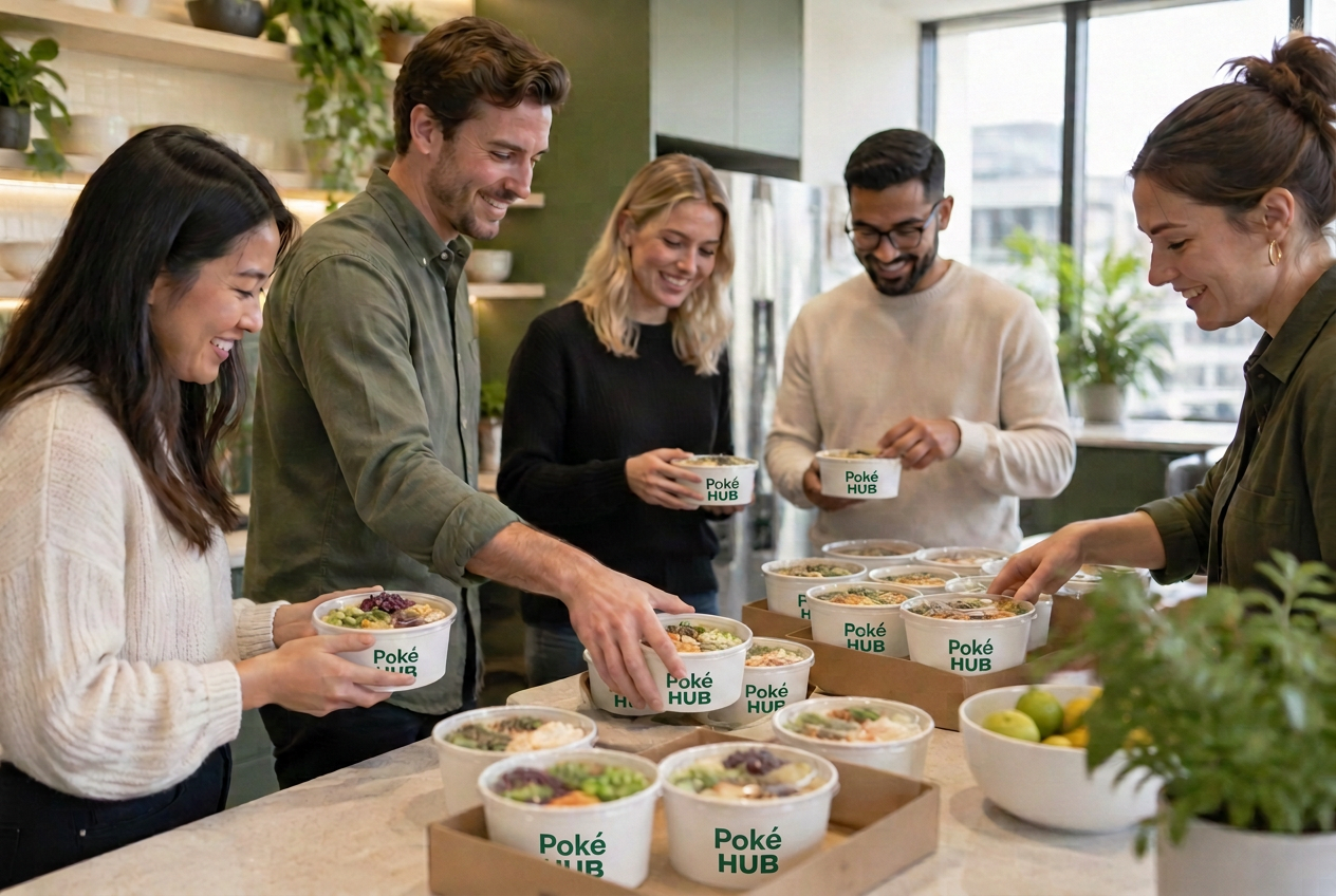 Team haalt individueel gelabelde poké bowls op tijdens een bedrijfslunch