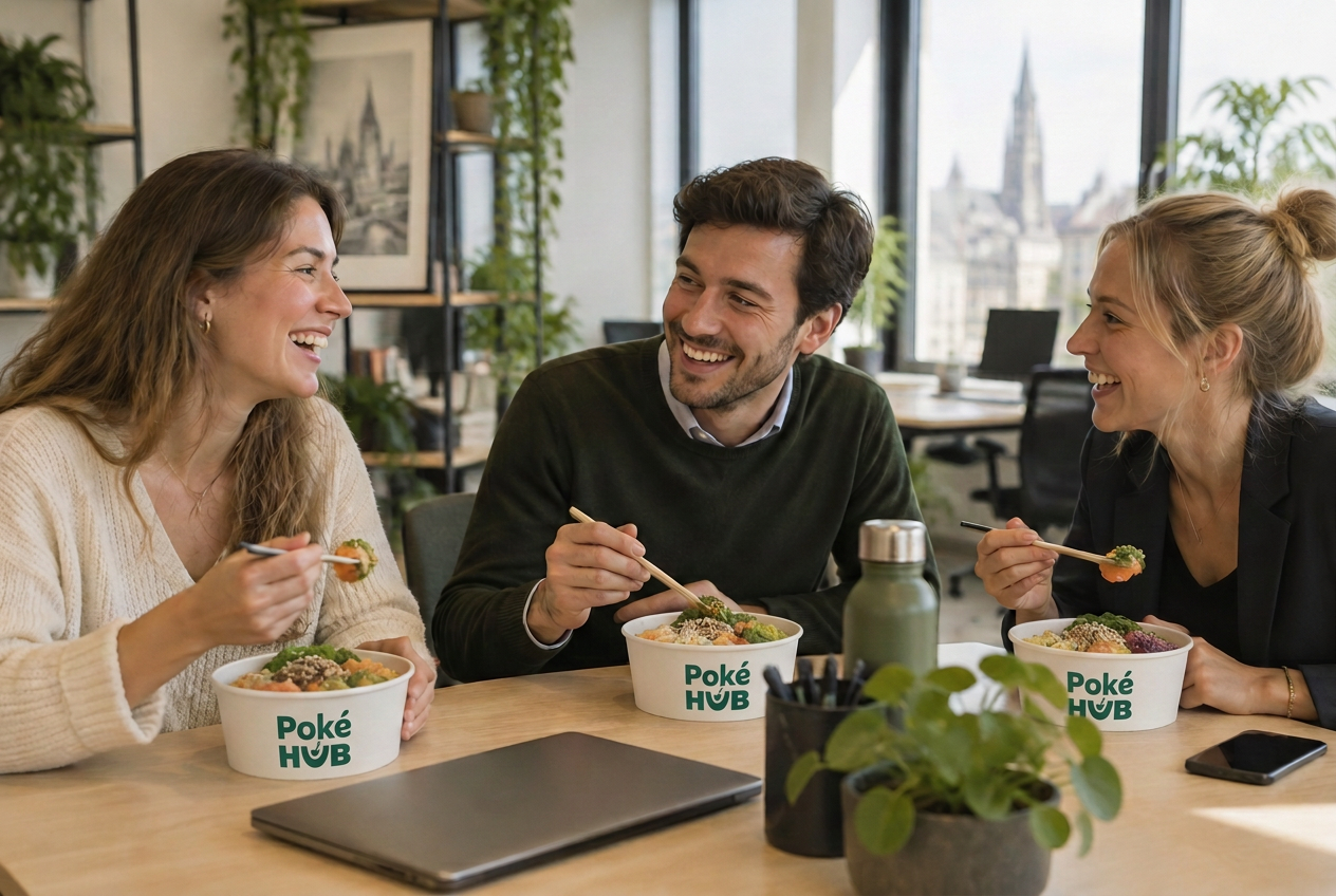 Collega's lachen samen tijdens een teamlunch met poké bowls op kantoor