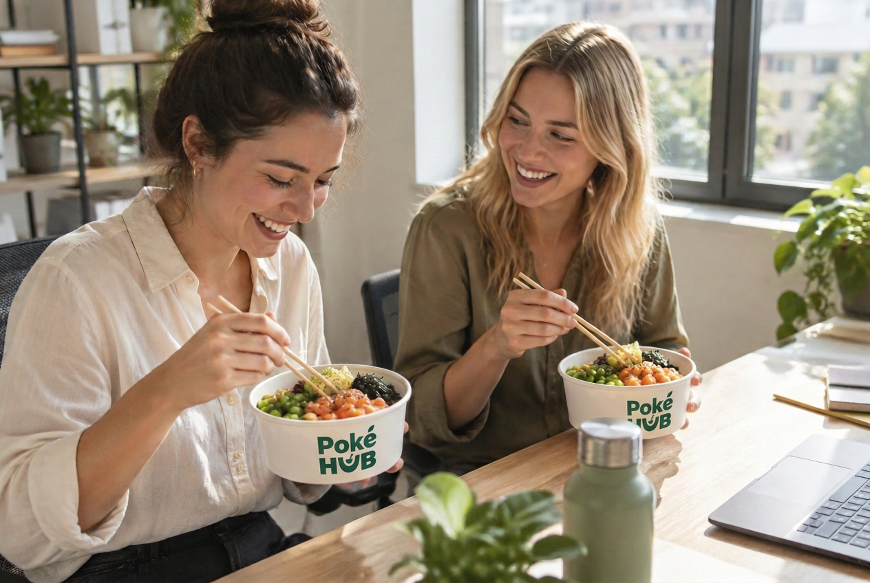 Twee collega's eten samen een poké bowl tijdens de lunchpauze op kantoor